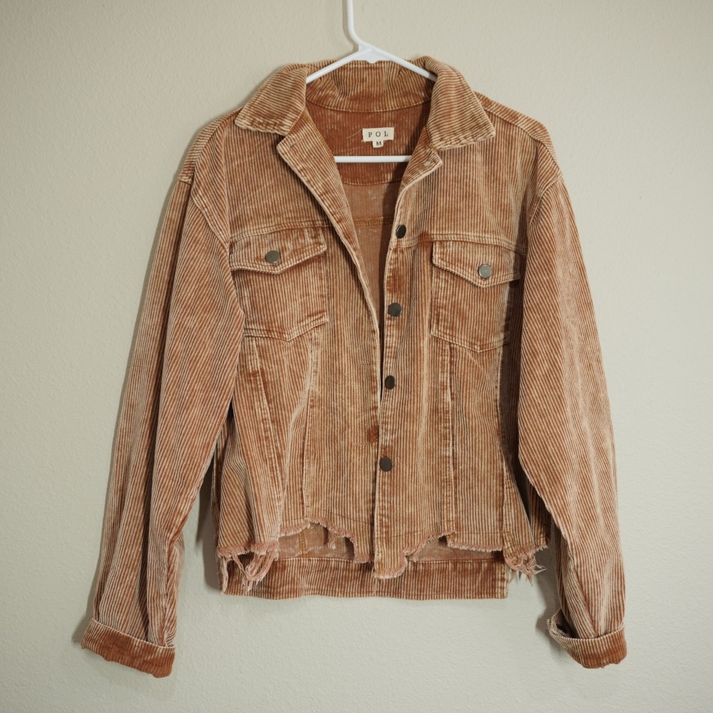POL Size Medium Brown Corduroy Jacket Distressed Boho Casual Fall Cropped Casual